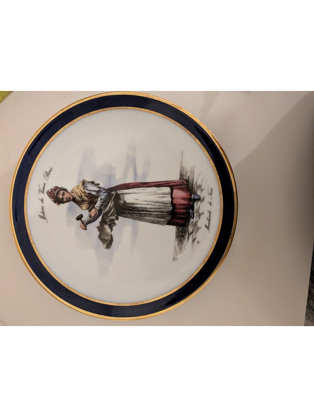 Vintage Bavaria Germany Porcelain Plate Marchande de Noix Gold & Cobalt BlueTrim